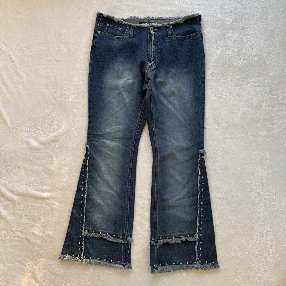 Lazer Jeans Flare Jeans Juniors 13 Blue Denim Studded Fringe Distressed Stretch - Picture 2 of 6